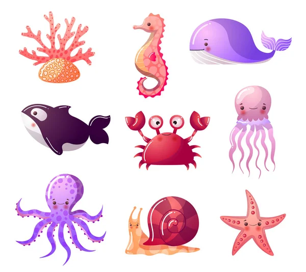 Ensemble coloré de créatures de mer.Illustration matricielle dans le style de dessin animé plat des animaux de l'océan — Image vectorielle