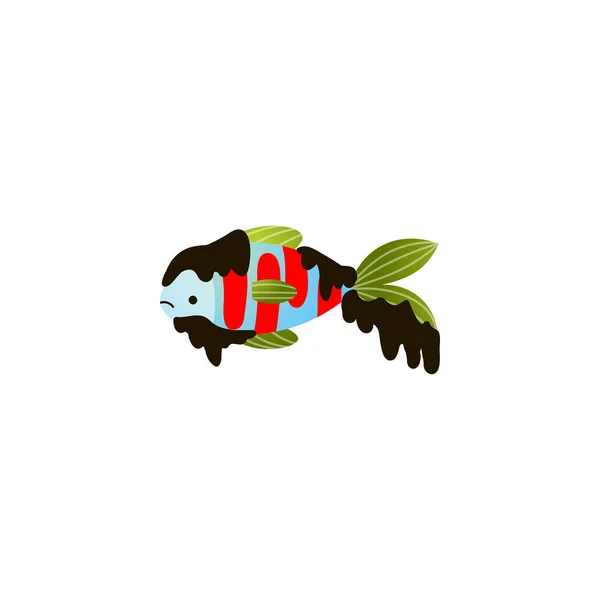 Fish suffer from water pollution. Raster illustration in flat cartoon style on white background — Stock Vector