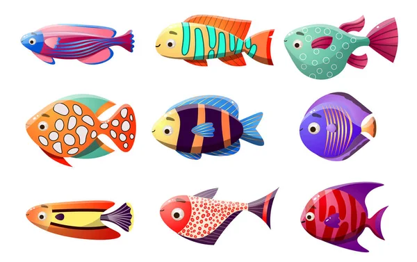 Coral Reef vis set. Raster illustratie in de platte cartoon stijl van tropische vissen. — Stockvector