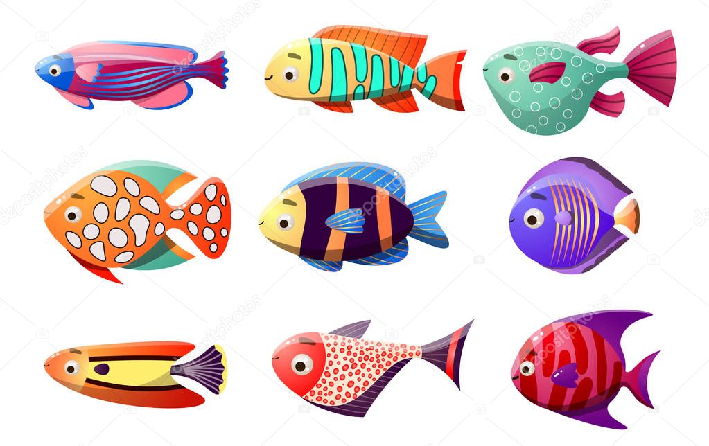 Coral reef fish set. Raster illustration in the flat cartoon style of tropical fish.
