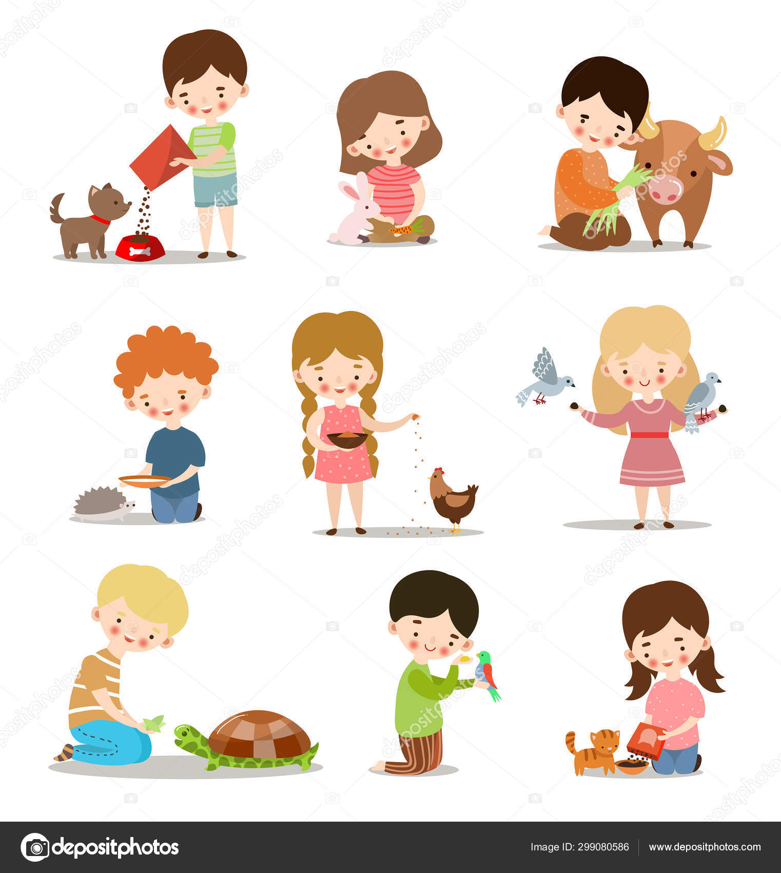 Set with kids feeding and taking care of wild and pet animals. Raster  illustration in flat cartoon style Stock Vector Image by ©  #299080586