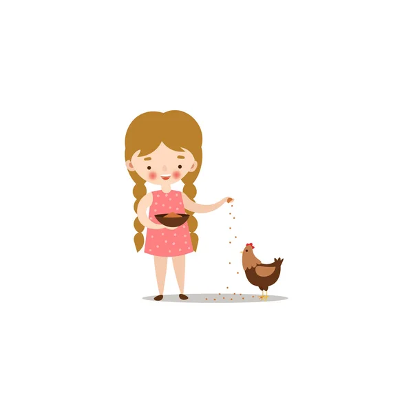 Söt liten flicka utfodring kyckling med Birdseed. Raster illustration i lägenhet tecknad stil — Stock vektor