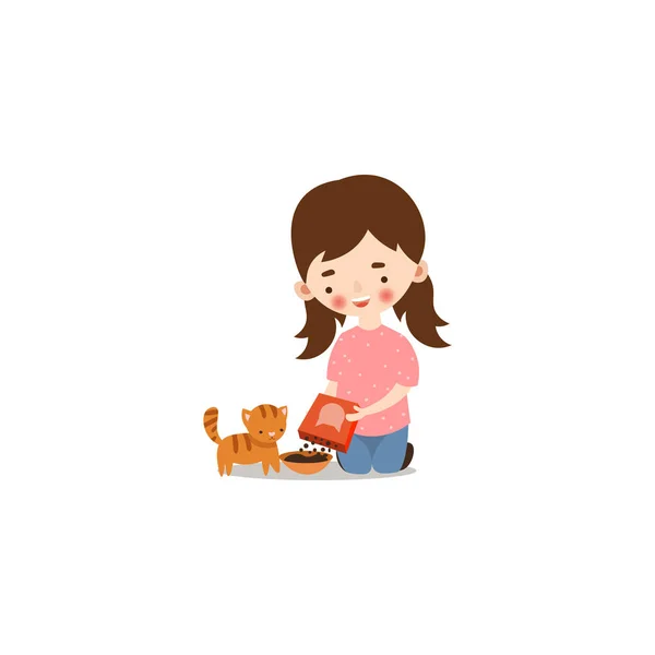 Niedliches kleines Mädchen, das eine Katze füttert. Raster-Illustration im flachen Cartoon-Stil — Stockvektor
