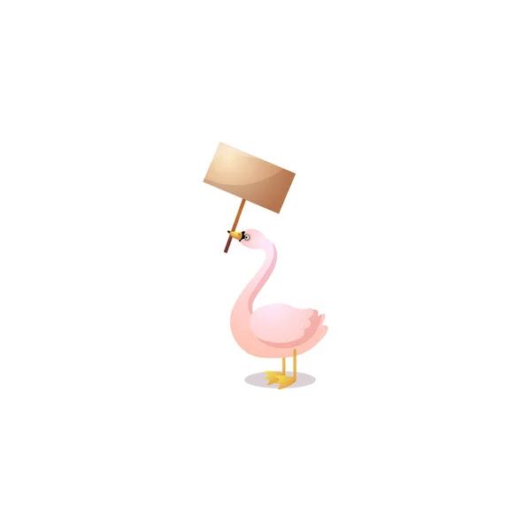 Lindo cisne rosa de pie con una placa con nombre en su pico. Ilustración de trama en el estilo plano de dibujos animados — Vector de stock