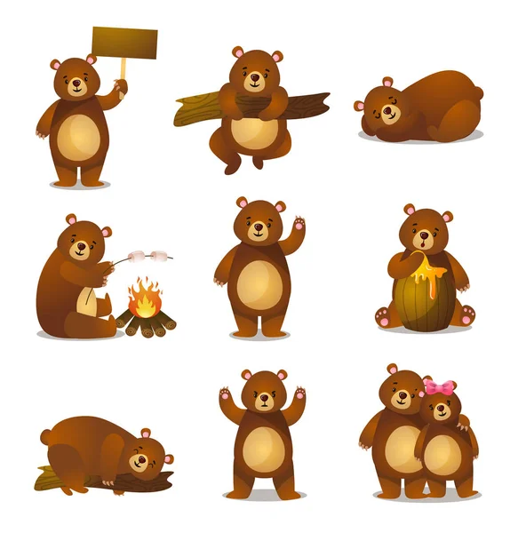 Śliczne śmieszne kreskówki zestaw przyjazny niedźwiedź w różnych działaniach — Wektor stockowy