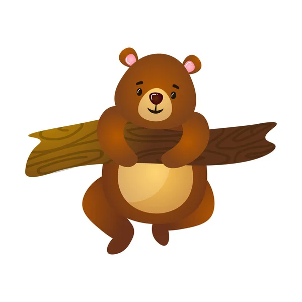 Lindo divertido de dibujos animados marrón oso de peluche grizzly escalada en la rama del árbol — Vector de stock