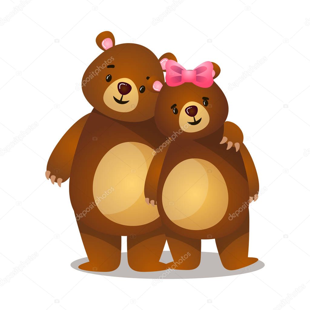 Cute romantic cartoon  couple of brown grizzly bears  