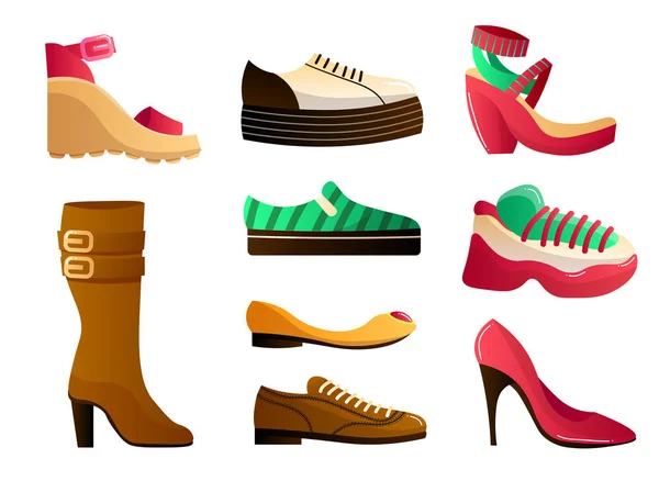 Set con diversi tipi di scarpe.Illustrazione raster in stile fumetto piatto . — Vettoriale Stock