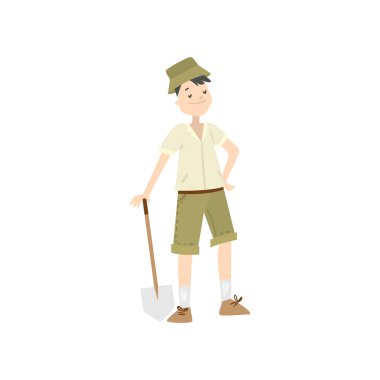 Man archaeologist with a shovel. Raster illustration isolated on white background clipart