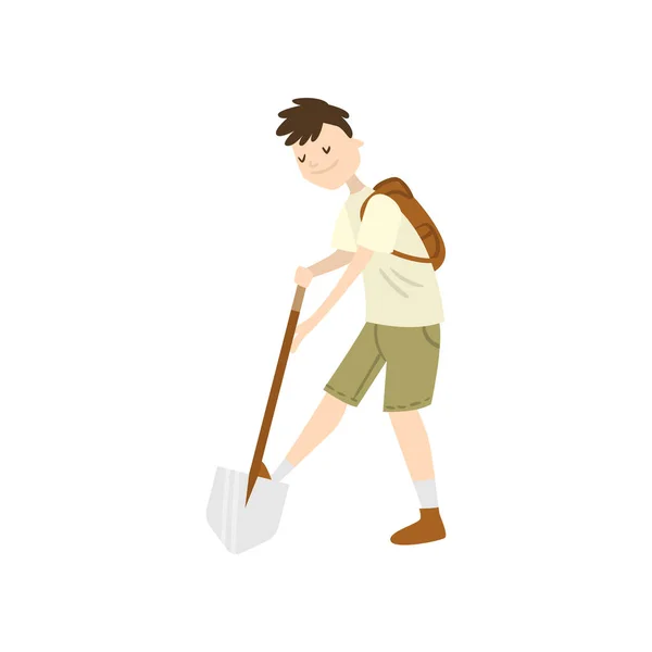 Man archaeologist with a shovel in action. Raster illustration isolated on white background — Stock Vector