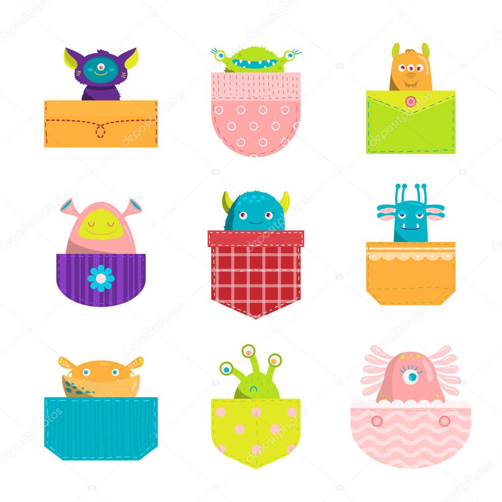Collection set of cartoon cute monsters on white background. Design for the party decoration, illustration, emblem, sticker, websites, print templates, etc. Colorful raster isolated icons set