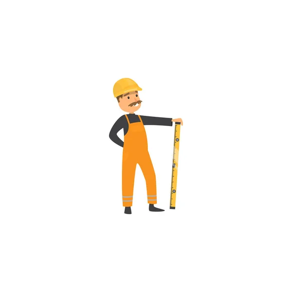 Builder with helmet, holding a level bubble. Raster illustration isolated on white background — Stock Vector