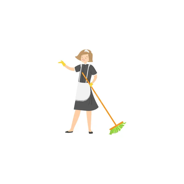 Maid posing with a broom. Raster illustration isolated on white background