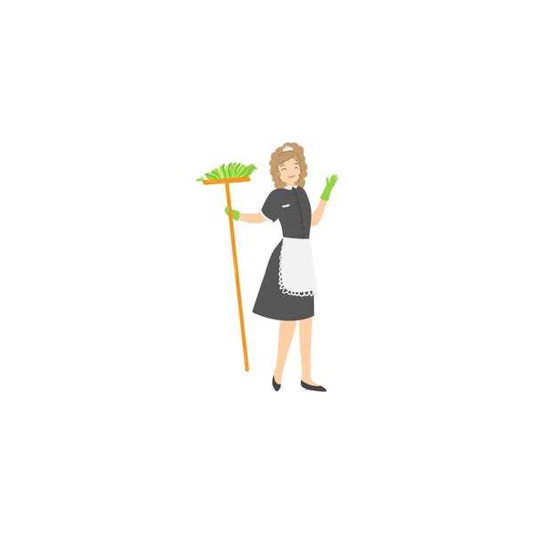 Maid holding a broom. Raster illustration isolated on white background