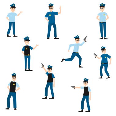 Polis memuru farklı pozlar veriyor. Düz karikatür tarzında Raster illüstrasyon
