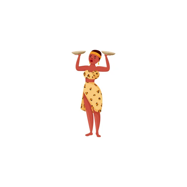 Mujer africana llevando platos en las manos. Ilustración de trama en estilo plano de dibujos animados — Archivo Imágenes Vectoriales