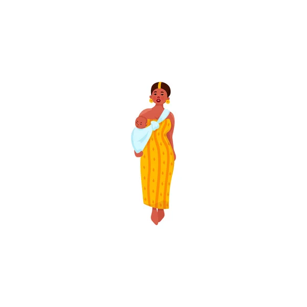 Wanita Afrika membawa bayi. Ilustrasi raster dalam gaya kartun datar - Stok Vektor