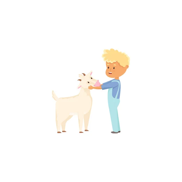 一个可爱的小男孩，有一只山羊。平面卡通风格的栅格插图 — 图库矢量图片