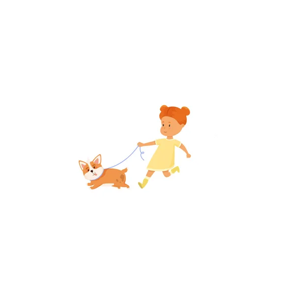 Cute Little Girl chodzenie psa. Ilustracja rastrowa w stylu kreskówek płaskich — Wektor stockowy