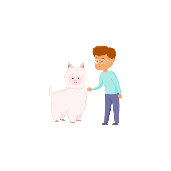 Ein süßer kleiner Junge mit einem Schaf. Raster-Illustration im flachen Cartoon-Stil — Stockvektor