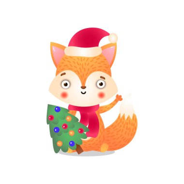 Tilki karakteri Noel ağacı ile oturuyor. Beyaz arka planda düz karikatür tarzında Raster illüstrasyon