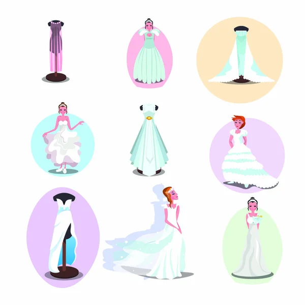 Vestidos de novia y accesorios en diferentes estilos vector conjunto — Archivo Imágenes Vectoriales