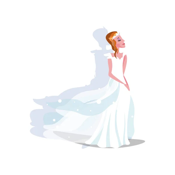 Weißes langes Brautkleid mit Saum und Diadem auf Braut — Stockvektor