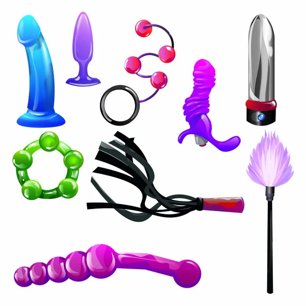 Set von Sexspielzeug. Raster-Illustration im flachen Cartoon-Stil — Stockvektor