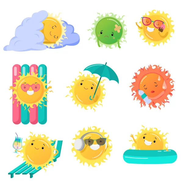 Conjunto de ilustrações engraçadas do vetor do ícone do sol com emoções diferentes — Vetor de Stock