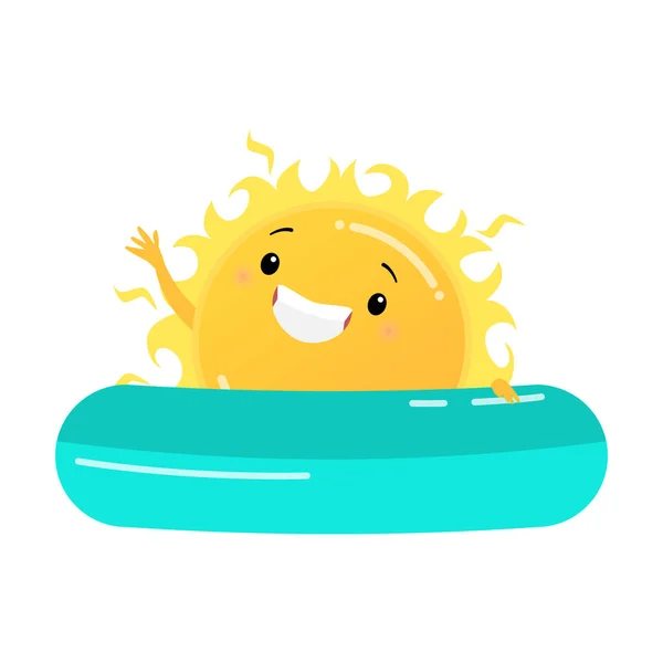 Glückliche Sonne schwimmt in blauem Gummiring Illustration — Stockvektor