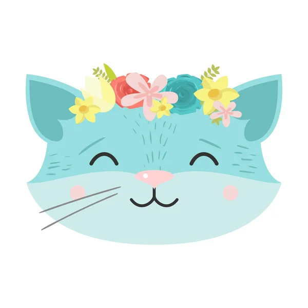 Söt katt i en krans av blommor. Raster illustration i lägenhet tecknad stil. — Stock vektor