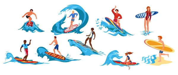 Conjunto de surfistas. Ilustración de trama en estilo plano de dibujos animados — Vector de stock