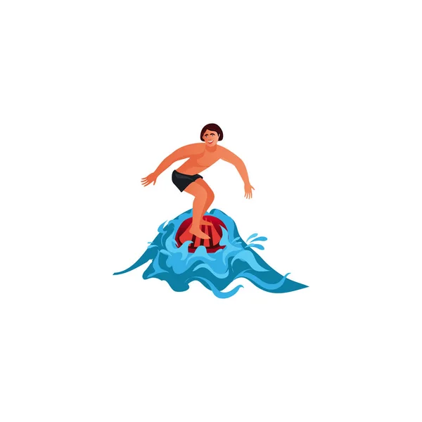 Surfer jazda na fali. Ilustracja rastrowa w stylu kreskówek płaskich — Wektor stockowy