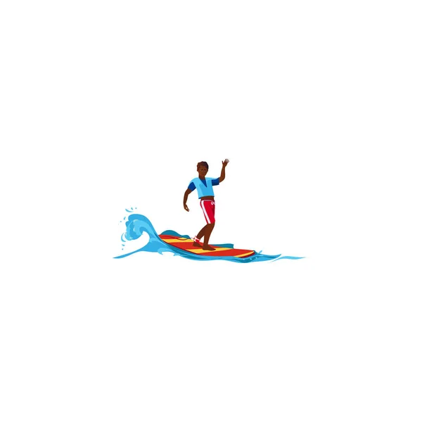 Surfeur posant sur la vague. Illustration matricielle dans le style dessin animé plat — Image vectorielle