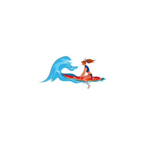 Mädchen schwimmt mit dem Surfbrett. Raster-Illustration im flachen Cartoon-Stil — Stockvektor