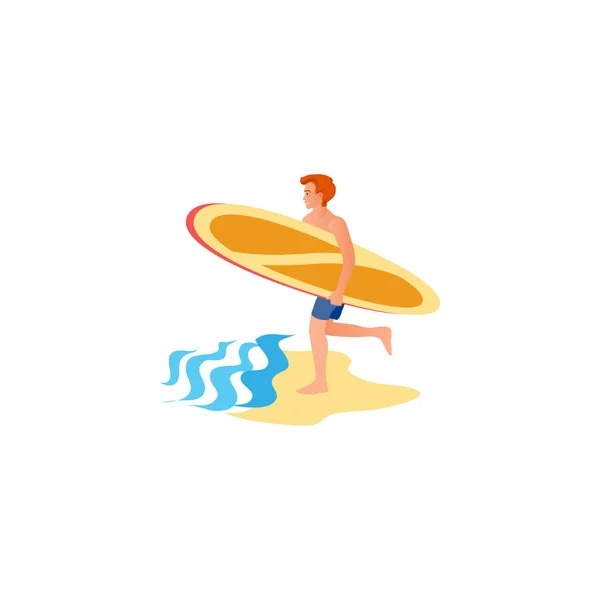 Surfer, der zum Wasser rennt. Raster-Illustration im flachen Cartoon-Stil — Stockvektor
