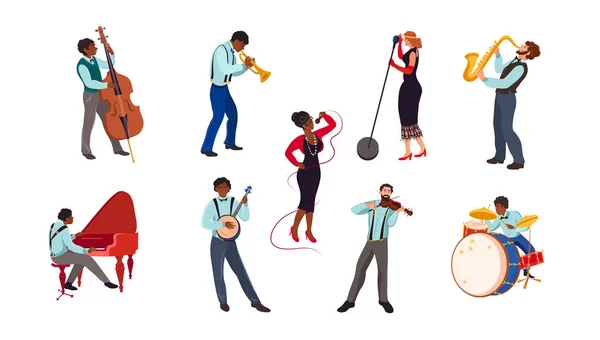 Conjunto de músicos y cantantes de jazz en la ilustración de vectores escénicos — Archivo Imágenes Vectoriales