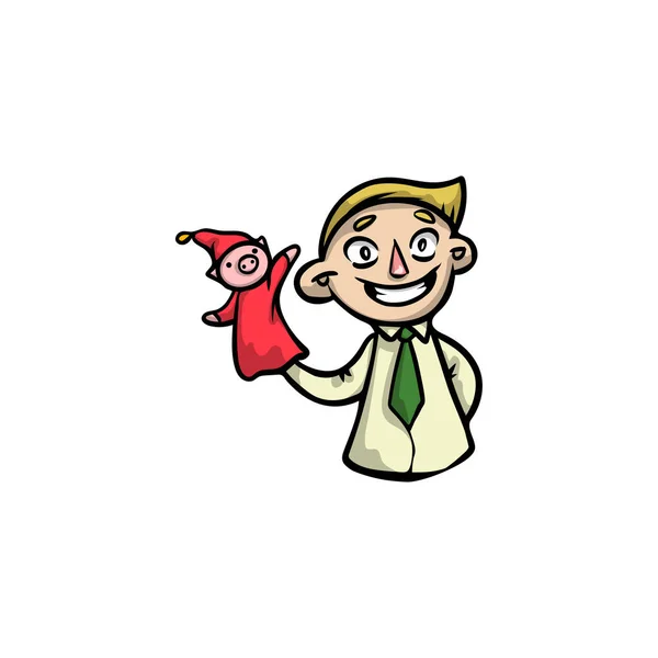 Loutkář s loutkou klauna v červených šatech. Rastrová ilustrace v plochém kresleném stylu — Stockový vektor