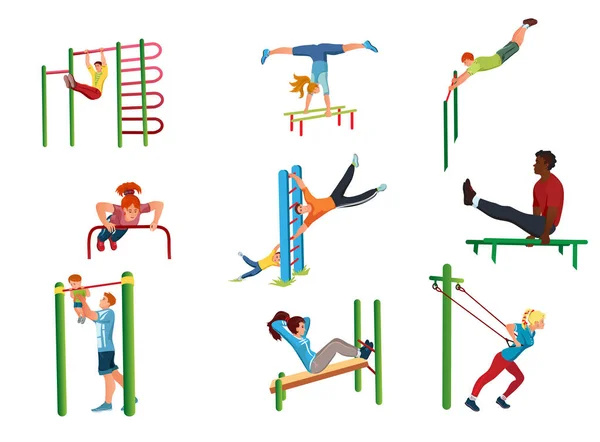 Conjunto de personas haciendo ejercicio deportivo en la ilustración del vector de la calle — Archivo Imágenes Vectoriales