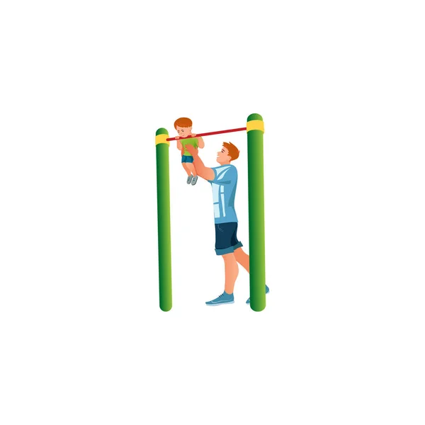 Man helping son to hang on crossbar vector illustration