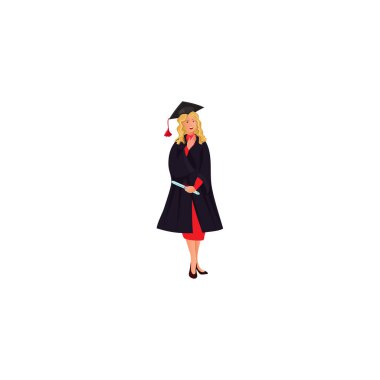 Düz çizgi film tarzında diploma parşömen vektör çizimi ile mezun kız.