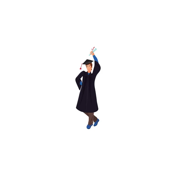 Laureato in un mantello con un diploma alzato in mano illustrazione vettoriale in uno stile fumetto piatto — Vettoriale Stock