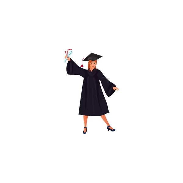 Graduate girl in a mantle with a raised diploma in hand vector illustration in a flat cartoon style — Stock Vector