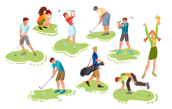 Çim vektör illüstrasyonunda golf oynayan bir grup insan — Stok Vektör