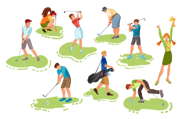 Çim vektör illüstrasyonunda golf oynayan bir grup insan