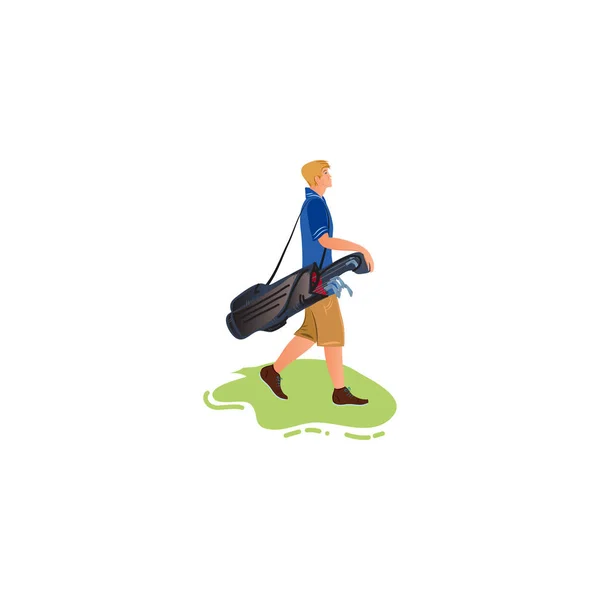 Jovem caminhando com bola de golfe caso vetor ilustração — Vetor de Stock