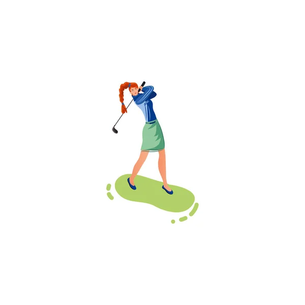 Junge Frau im Rock steht und spielt Golf Vektor Illustration — Stockvektor