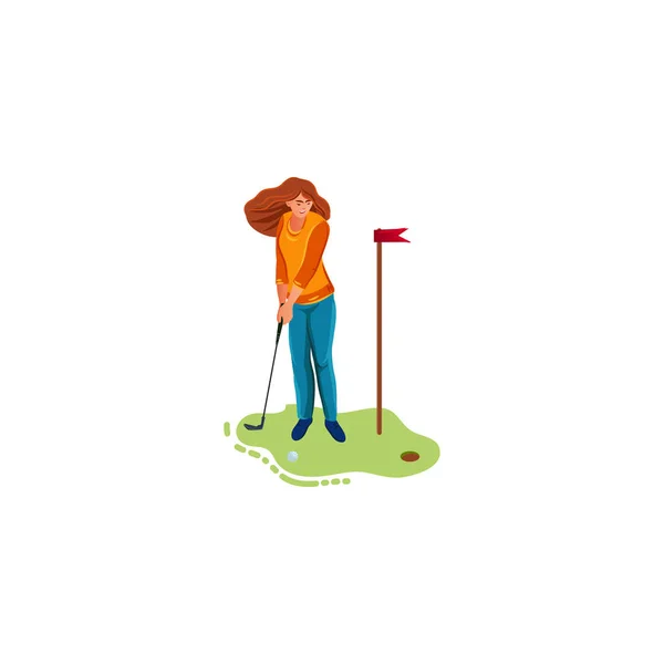 Donna che prova a tirare la palla a illustrazione del vettore dell'obiettivo di golf — Vettoriale Stock