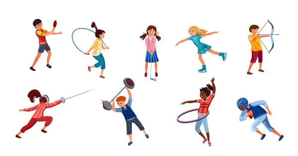 Különböző típusú sporttevékenységeket végző gyerekek csoportja. Vektor illusztráció lapos rajzfilm stílusban — Stock Vector