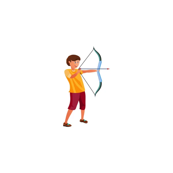 Seorang anak remaja menembak dari busur. Ilustrasi vektor dalam gaya kartun datar . - Stok Vektor